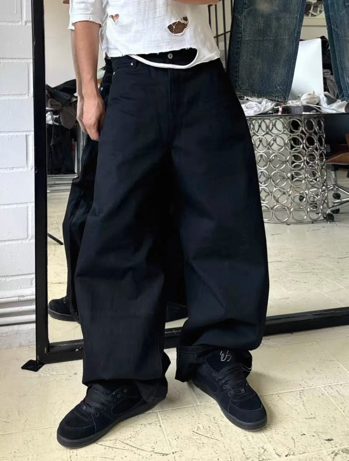 Black Raw Denim Jeans Baggy Pants Japanese Red Edge Raw Selvedge Fabric Straight Leg Men's Casual Trousers