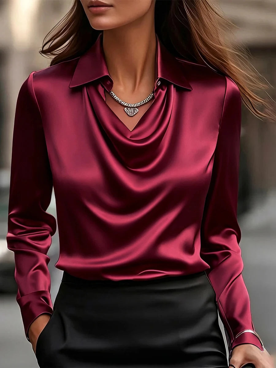 Women Long Sleeve Lapel V Neck Satin Blouse Elegant Solid Loose Shirt Spring Summer Simple Chic Offce Lady Tops Fake Silk Shirt