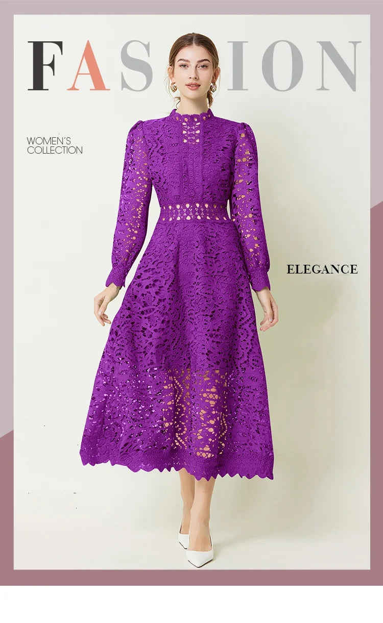 Solid Lace Holloe Out Slimming Elegant Dresses For Women Stand Collar Long Sleeve High Waist Minimalist Dress Female Fashion