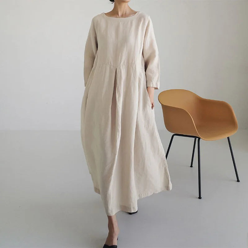 Oversized Loose Cotton Linen Dress Summer O-Neck Short Sleeve Pocket Harajuku Midi Party Dresses JYFS-0654