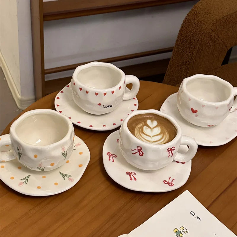 ins style retro flower ceramic cups and saucers, hand-squeezed irregular coffee cups and saucers, afternoon tea cups and saucers