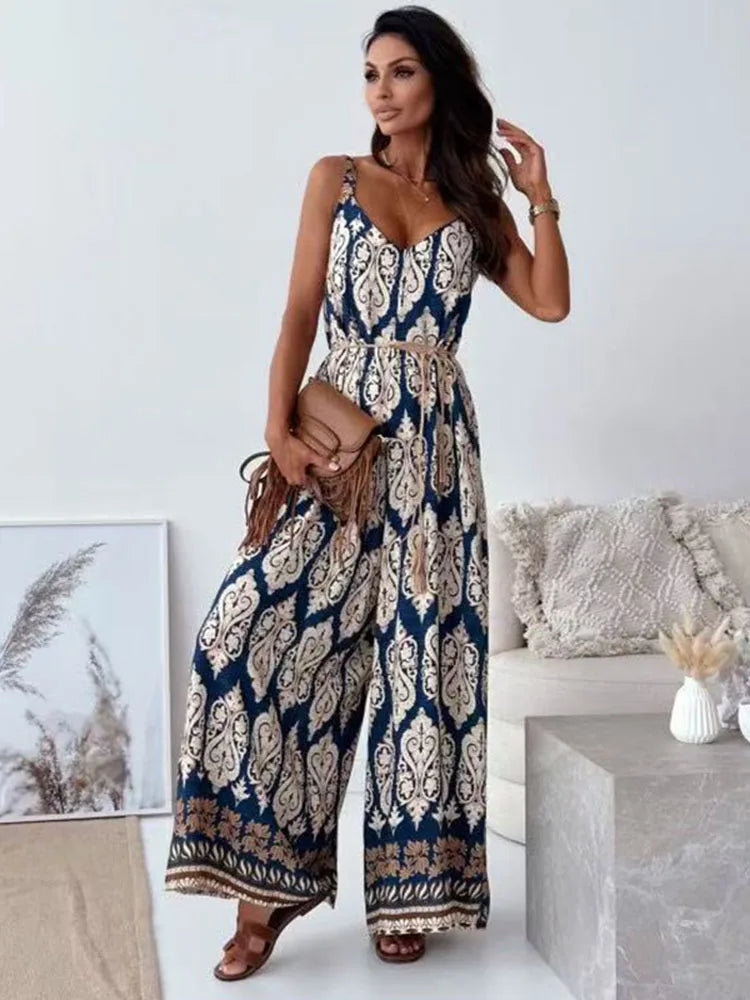 Summer European American Printed Camisole Jumpsuit Women's New Loose Casual Beach Vacation Plus Size Jumpsuit S450