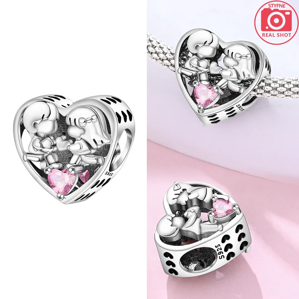 925 Sterling Silver Pink Zircon Love Beads Charms Fit Bracelet Women Jewelry Diy Anniversary Gift Delicate Accessories Bag Charm