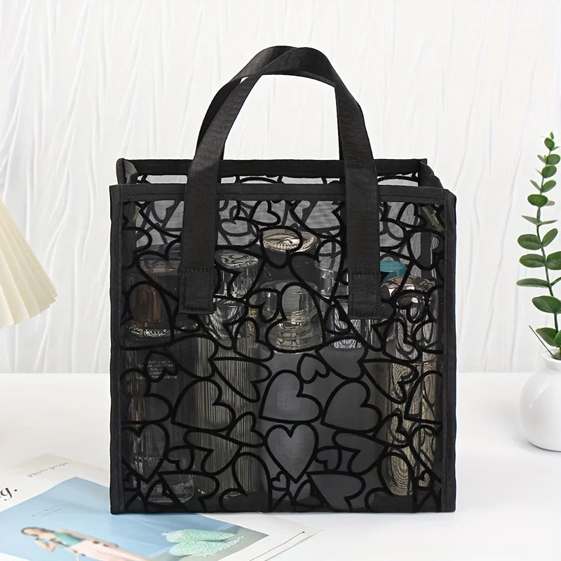 Black Mesh Heart Pattern Tote Bag - Light,Breathable for Travel & Beach with Double Handles, Makeup Storage, Oversized Beach Bag