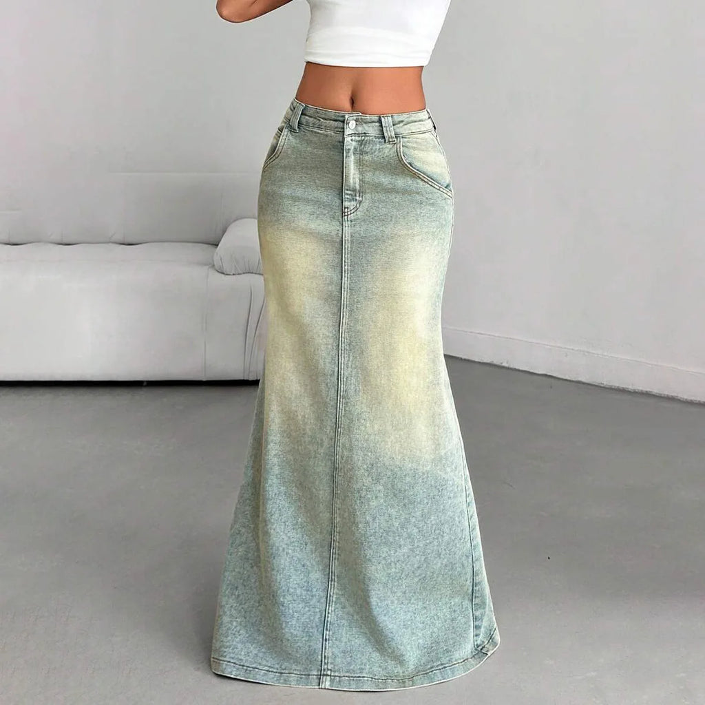 Denim Old Floor-length Slit Skirt for Women, Low Waist, Slimming, Fashionable and Trendy, Versatile for Everyday Use