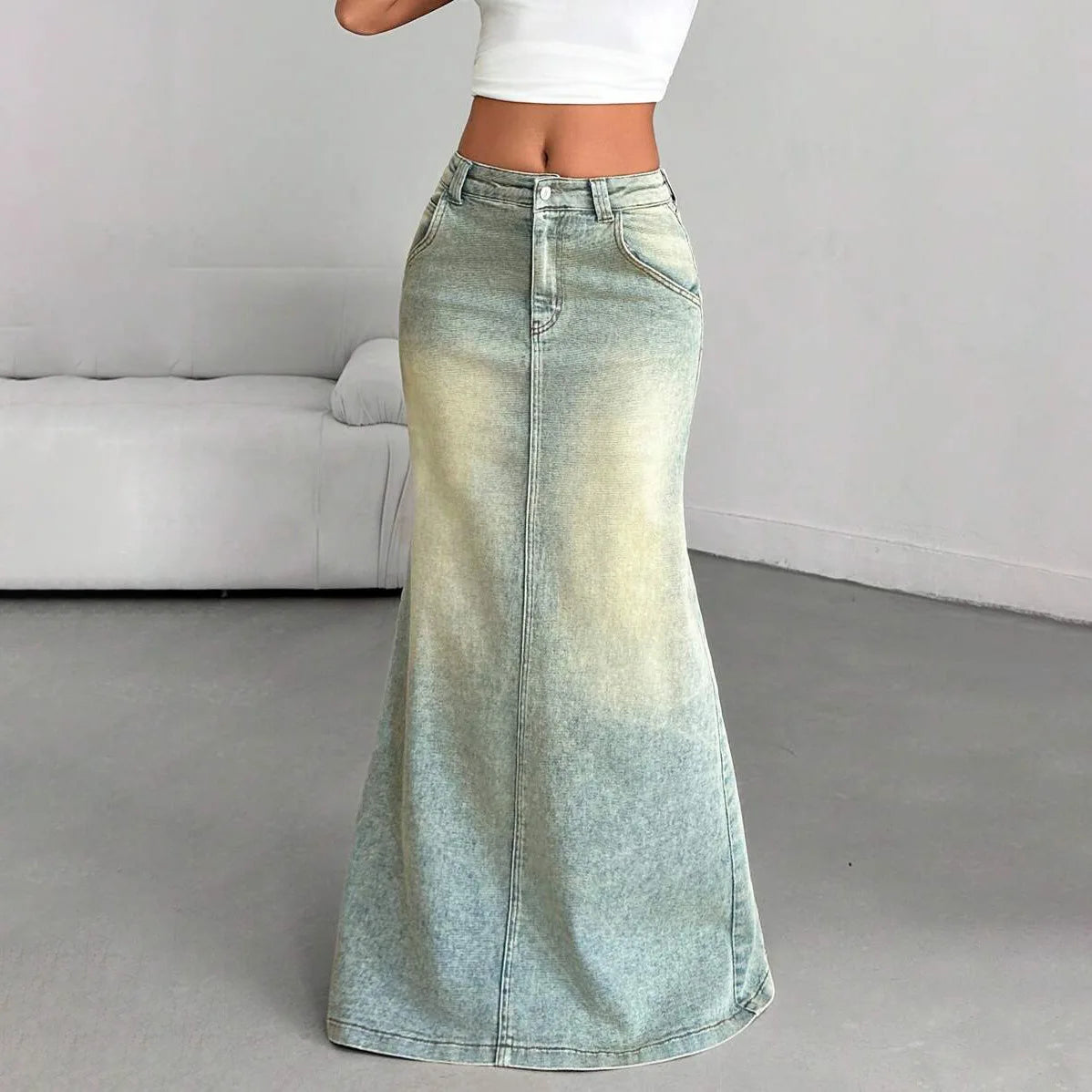 Denim Old Floor-length Slit Skirt for Women, Low Waist, Slimming, Fashionable and Trendy, Versatile for Everyday Use