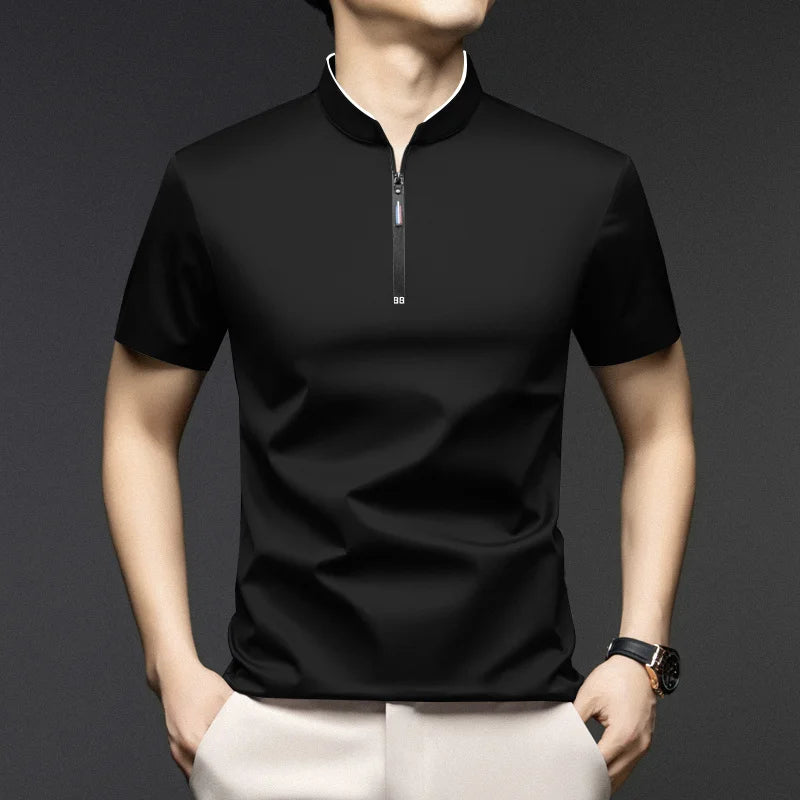 2025 New Men's Casual Fashion Zipper Solid Color Short Sleeved Polo Shirt Stand Up Collar Versatile Comfortable Top