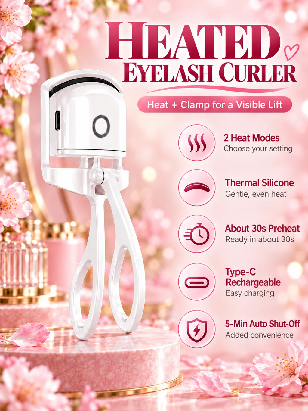 Electric Heated Eyelash Curler 2 Heat Modes Thermal Silicone Clamp Type-C Rechargeable Lash Curler 5-Min Auto Shut-Off Makeup To