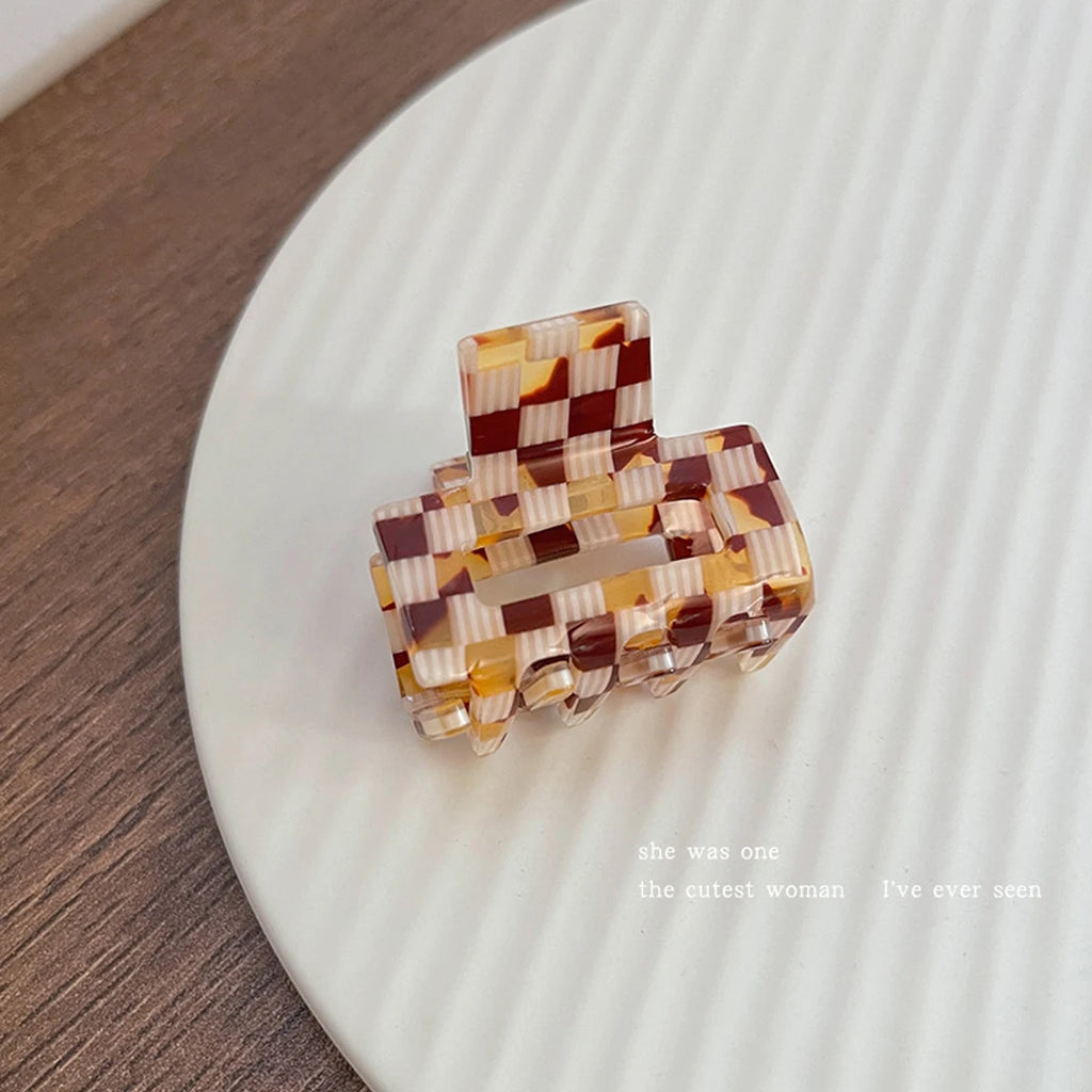 1pc acetate leopard print checkerboard plaid hairpin, classic and daily grab clip, small square high ponytail hair claw