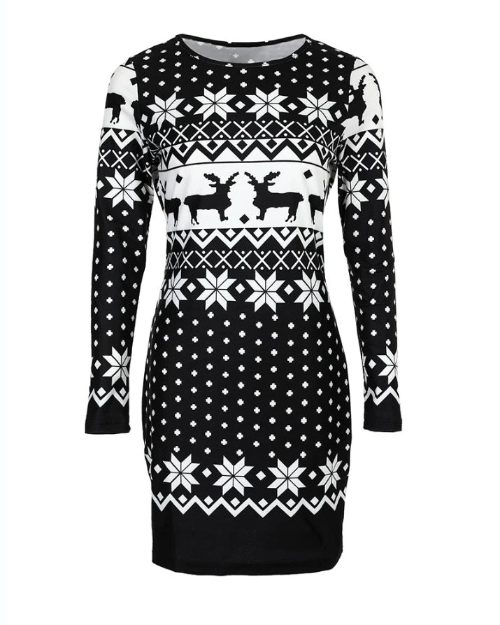 Christmas Women's Dresses 2024 Autumn Long Sleeve Fashion Snowflake Elk Print Casual O-Neck Daily Skinny Mini Dress