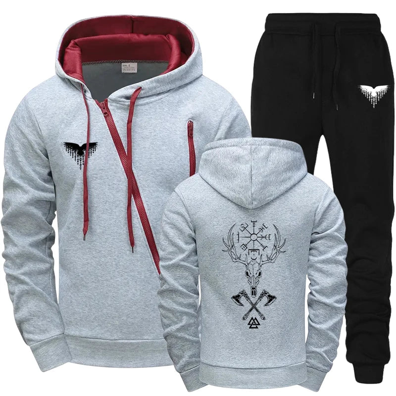 Mens Casual Riding Set 2025 Diagonal Zipper Hoodie with Joggers Urban Streetwear Tracksuit Autumn Winter