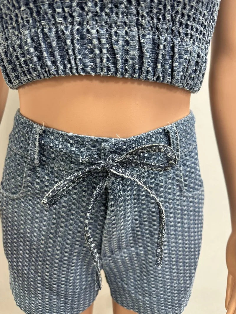 Women Fashion Sexy Denim 2 Piece Set Strapless Lace Up Spaghetti Straps Camisole Crop Tops + High Waist Shorts Casual Jeans Suit