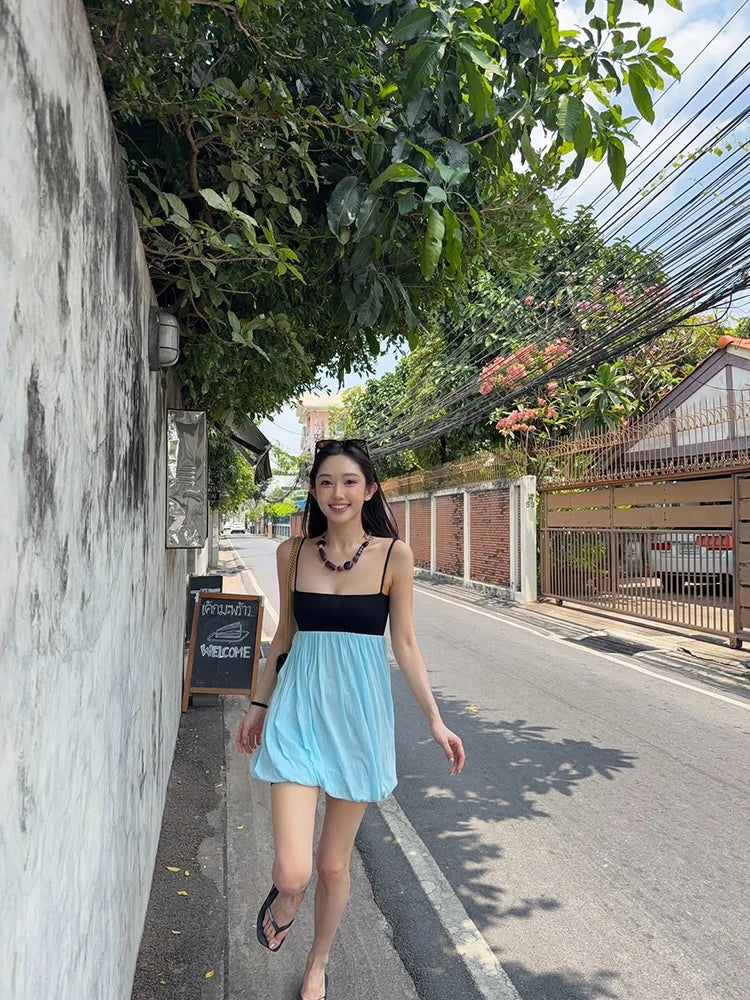 Trendy Color Block Mini Dress Thin Spaghetti Square Neck Back Button Bubble Hem Loose Skirt Casual Summer Daily Date Party Wear