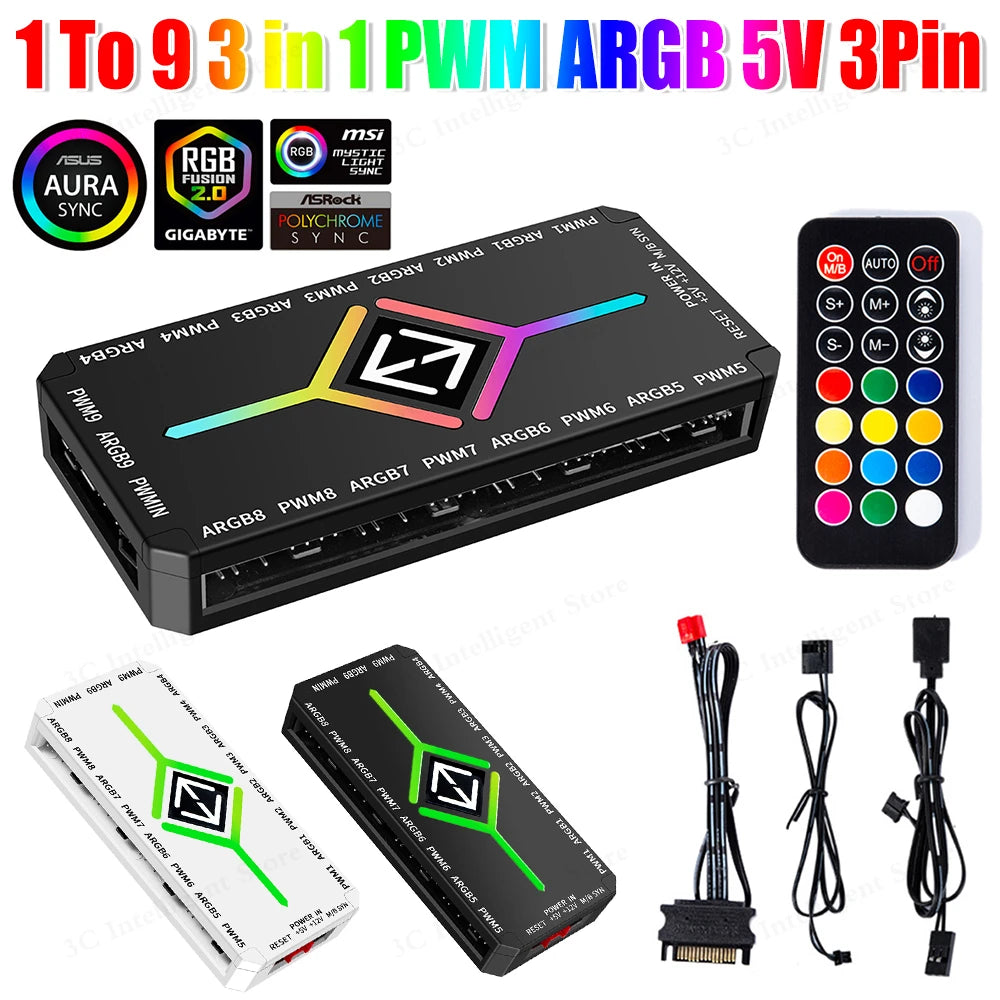 1 To 9 Ports 3 in 1 4 Pin PWM Magnetic Suction Hub with Remote PWM Magnetic Fan Hub Splitter PWM & ARGB Hub Splitter for PC Case
