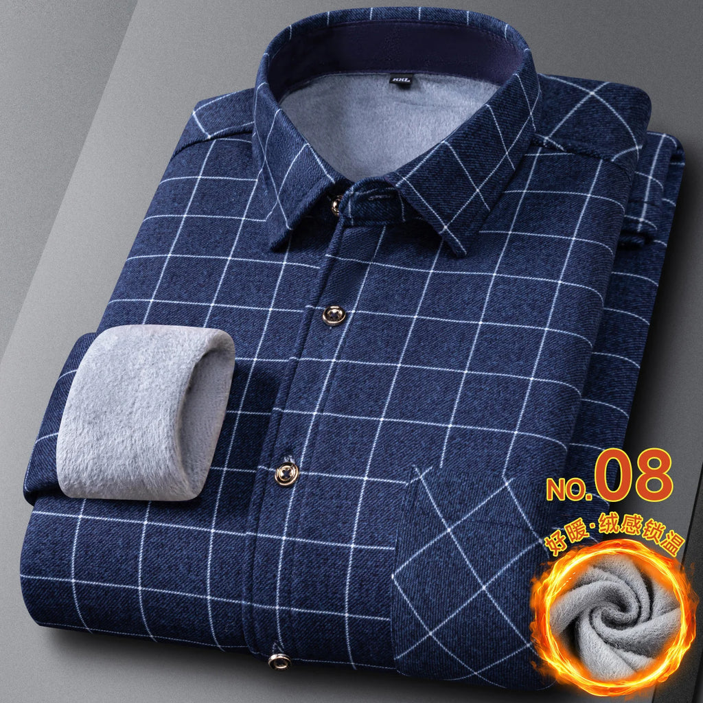 New In Tops Men's Thicken Flannel Fur Lined Shirts Autumn Winter Plus Sized Warm Long Sleeved Plaid Business Casual Slim Clothes