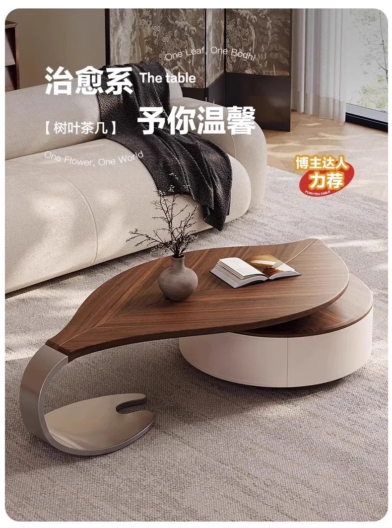 Modern simple leaves solid wood special-shaped small apartment art living room household antique saddle leather coffee table