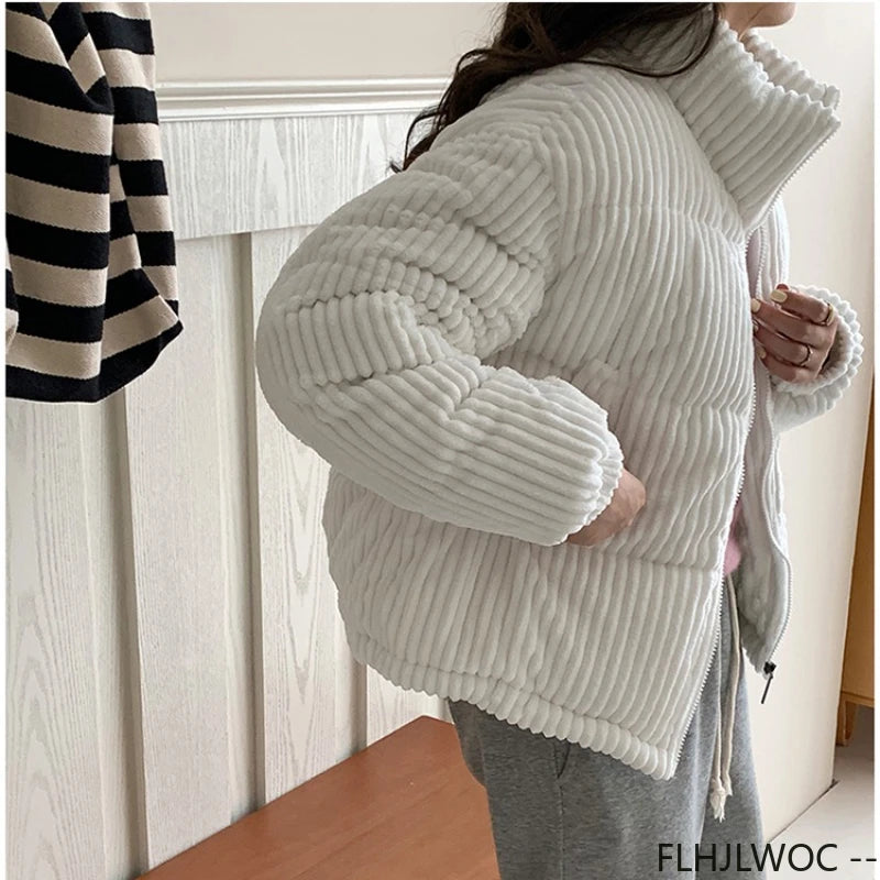 Corduroy Cotton 2025 Winter Turtleneck Warm Outerwear Coats Cake Korean Style Cute Girls Short Down Jacket Short Women Parkas