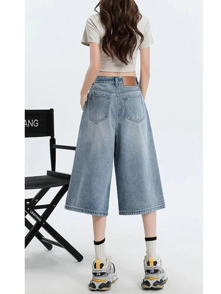 Women's Retro Casual Jeans  Summer New Wide-Leg Pants  High-Waisted Plus-Size Pear-Shaped Body-Camouflaging Straight Leg Pants