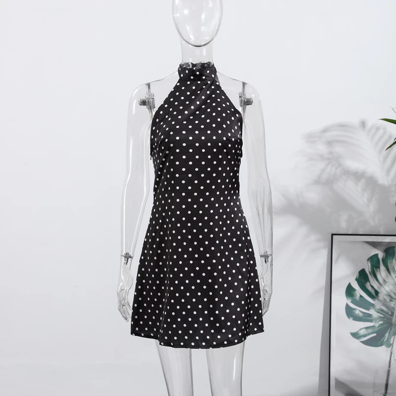 Polka Dots Print Halter Lace-up Dress Women's Sexy Backless Sleeveless Mini Dresses 2026 Spring New Female Fashion Street Robes