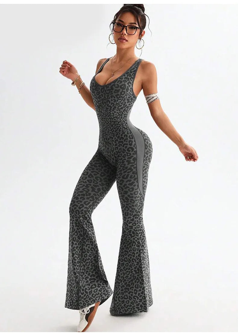 New Leopard Print Bodysuit Women Seamless Flared Pants Jumpsuits Sexy One-piece Fitness Suit Cross Back Stretchy Yoga Jumpsuits