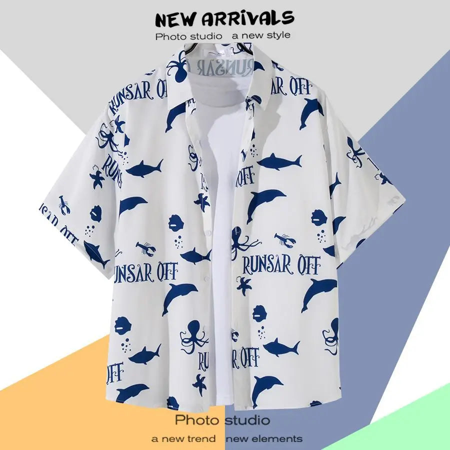 New Summer Casual Short Sleeved Shirt Korean Version Fashionable Men's and Women's Loose Collar Hawaiian Seaside Flower Shirt