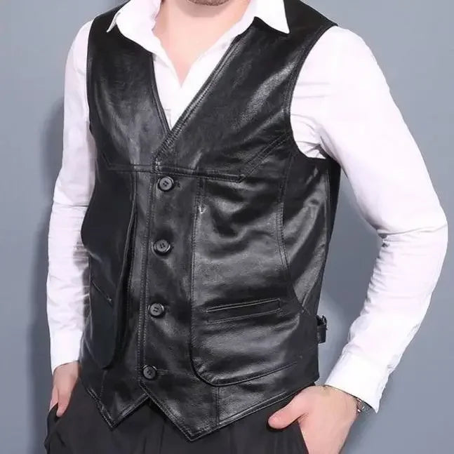 2024 Men Spring Autumn New Genuine Leather Motorcycle Vest Mens Real Cowhide Leather Waistcoat Male V-neck Sleeveless Coat D412