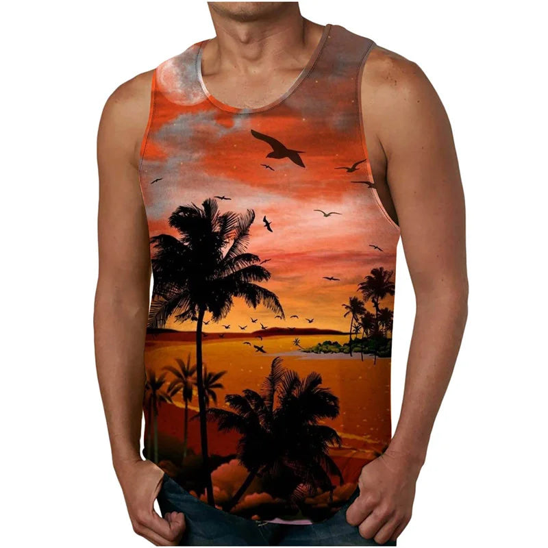 vintage Summer 3D New Coconut Trees Printed Tank Top Tropical Leaves Graphic Tank Tops Men Fashion Cool Streetwear Clothing Vest
