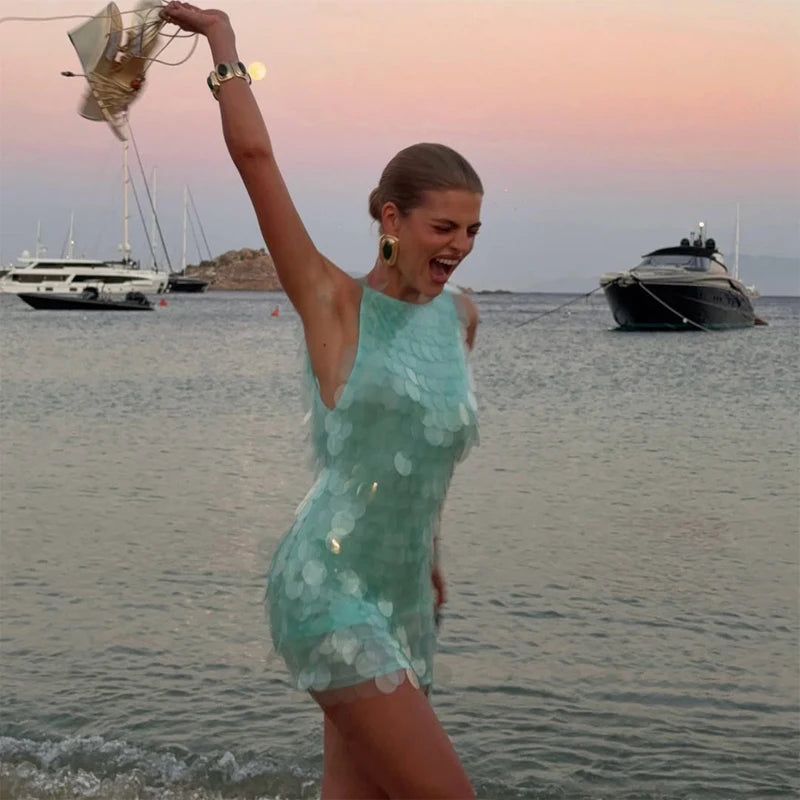 Women's 2026 Light Blue Halter Sequin Dress Sleeveless Loose Large Sequin A-Line Mini Dress Summer Evening Party Shining Gown