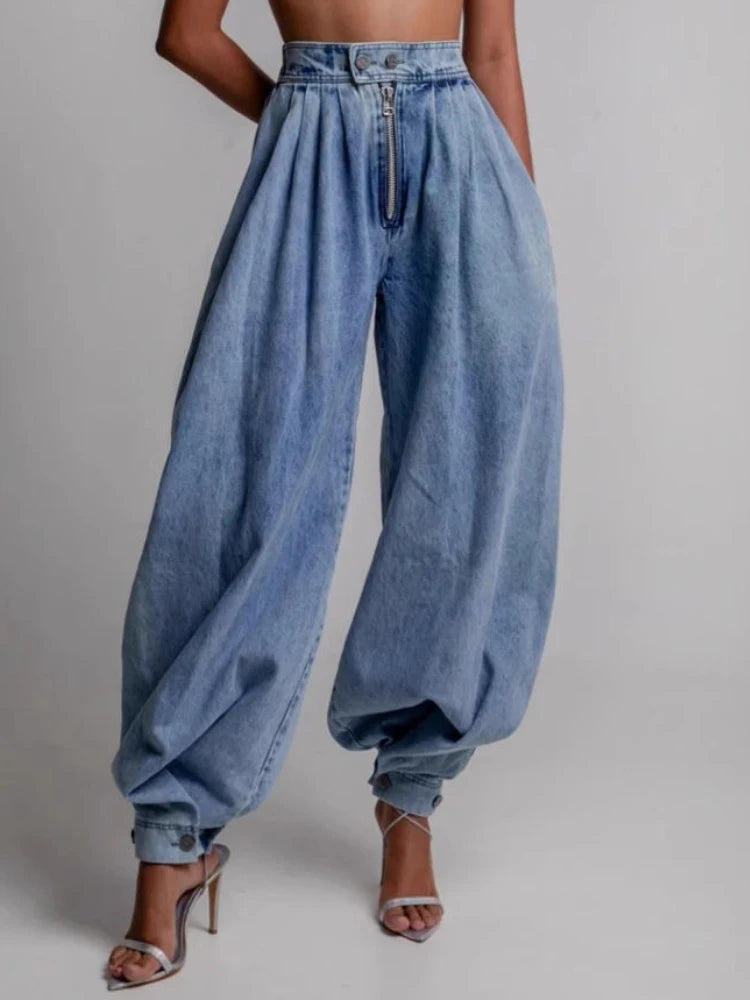 HOUZHOU Vintage Blue Jeans Women Casual Baggy High Wiast Zipper Denim Trousers Grunge Retro Femal Wide Leg Washed Balloon Pants
