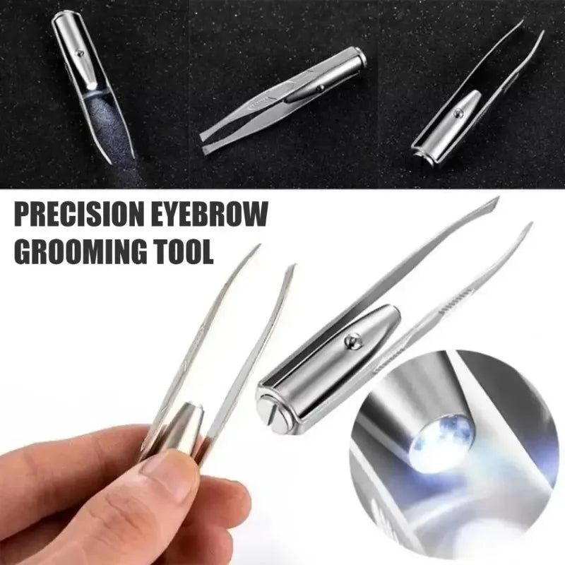 Stainless Steel Eyebrow Clip with LED Light Professional Lighted Eyebrow Tweezers Eyelash Brow Hair Removal Clamp Makeup Tools