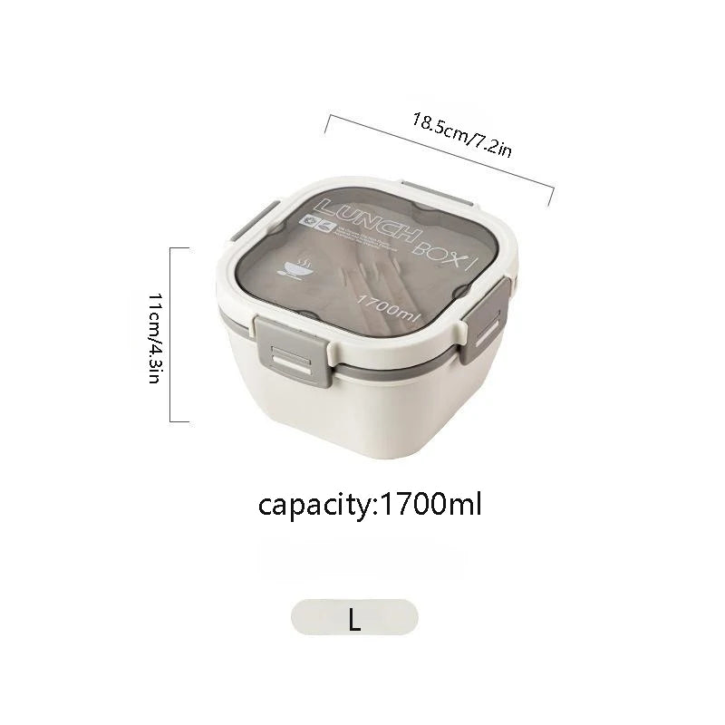 Double Stackable Lunch Box, 50 oz. Large Salad Bowl, 4 Compartment Tray, 3 oz. Sauce Container, Built-In Reusable Fork & Spoon