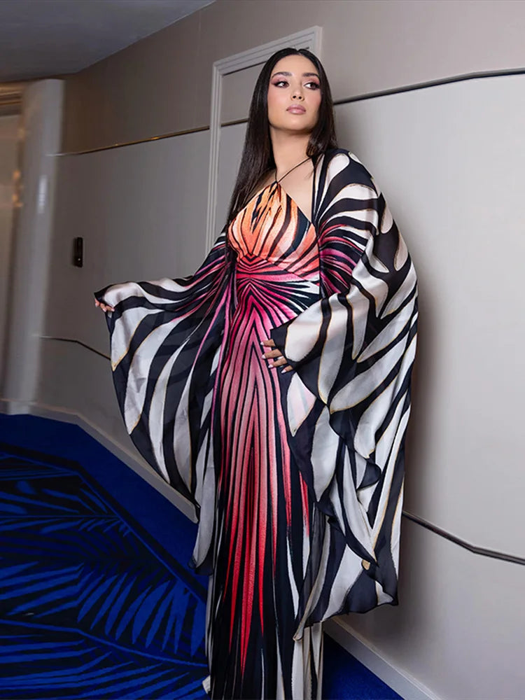 Sexy Printed Women's Dress Wide Sleeve Backless Waist-Closed Hip Package Lady Long Dresses 2026 Summer Autumn Chic Female Robe