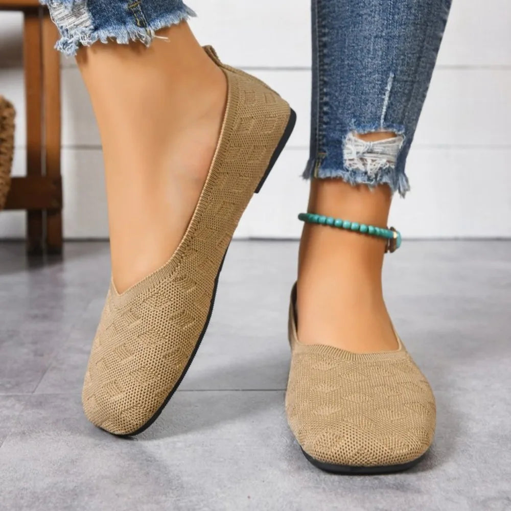 New 2026 Spring/autumn Square Toe Flat Office Boat Solid Color Knitted Slip on Shoes Casual Ballet Flats Shoes Women Loafers