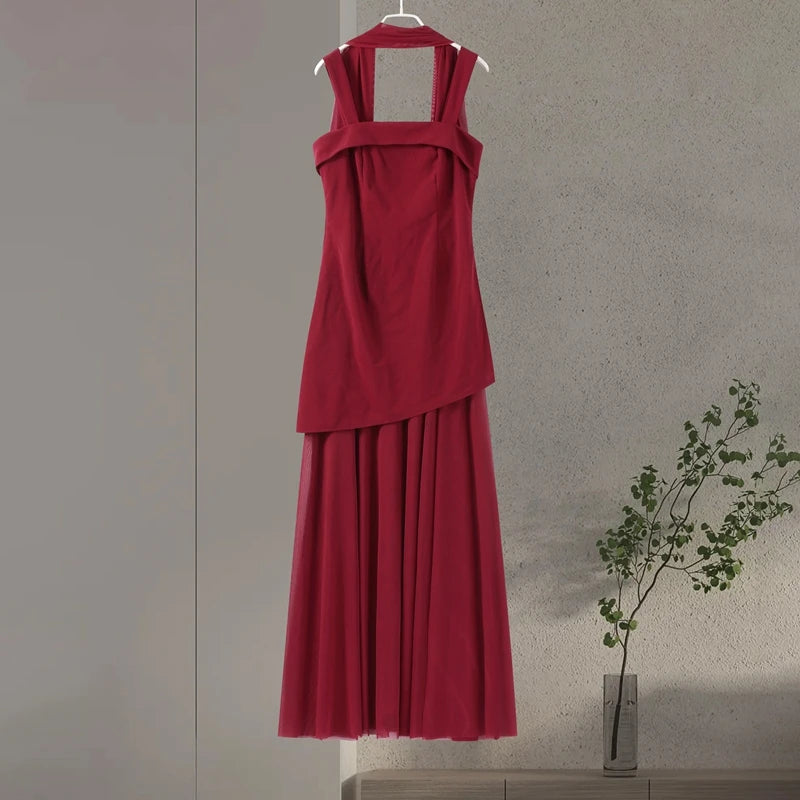 Fashion Ribbon Halter Party Dress Women's Patchwork Sleeveless Square Collar Solid Slim Dresses 2026 Spring New Lady Robes