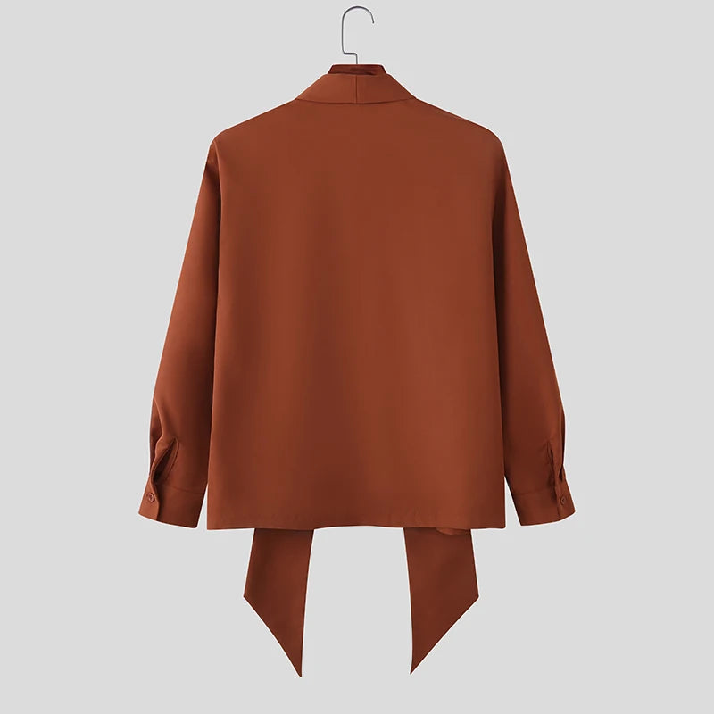 INCERUN Men's Shirt Solid Color Deep V Neck Long Sleeve Men's Clothes Tops With Belt Streetwear 2026 Fashion Camisas Masculina