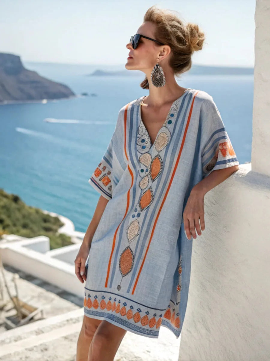 Fashion Retro Printed Short-sleeved Loose Women's Dress New Summer Style Deep V Neck Casual Seaside Vacation Female Dresses 2025