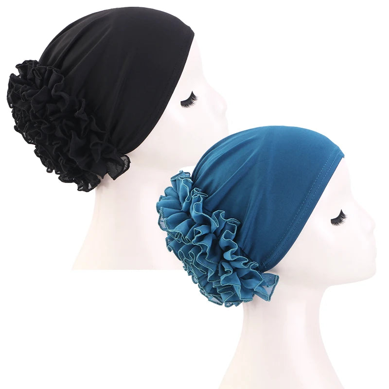 New breathable chiffon hat with large flowers Solid color thin bottom cap Islamic Head Wrap Women's elastic anti hair loss hat