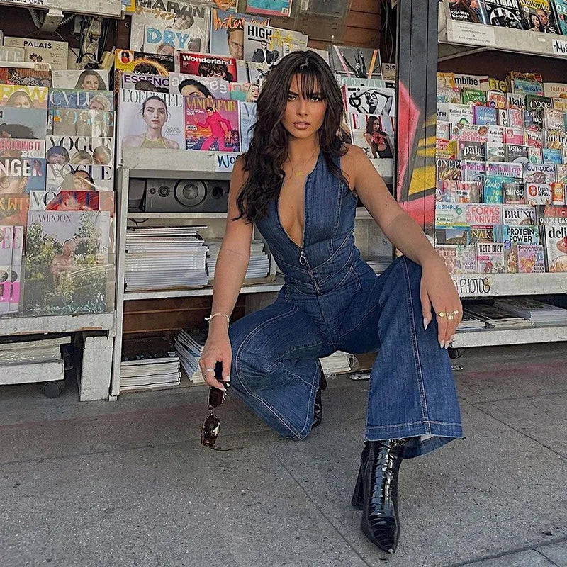 Fashion Denim Jumpsuit Women's Sexy New Tank Slim Sleeveless High Waist Hollow Zipper Backless Love Jumpsuits Streetwear Women