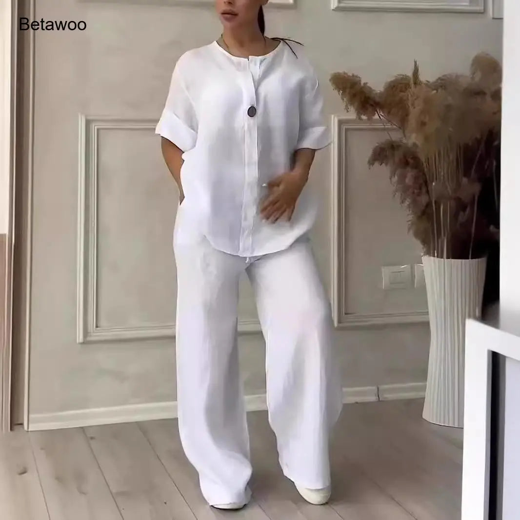 Women's 2 Piece Cotton Linen Lounge Set Button Down Shirt and Wide Leg Pants Casual Loose Fit Matching Outfit Solid Color Co-ord