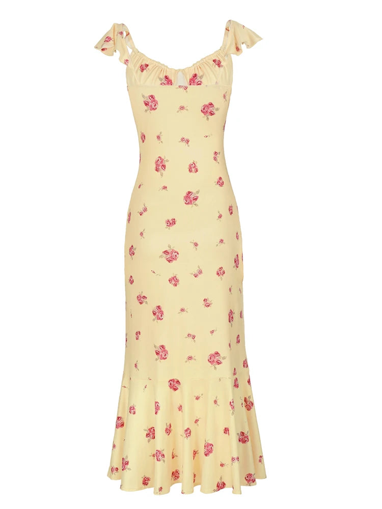 Organza Floral Printed Maxi Dress Women V Neck High Split Puff Sleeve Waist Cinching Ruffle Long Dresses Vacation Summer Outfits