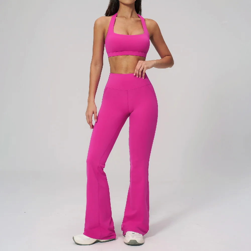 Women's Tracksuits 2PCS Flared Pants Yoga Set Gym Fitness Outfits Female Shockproof Sports Bra Yoga Workout Clothes Sports Sets