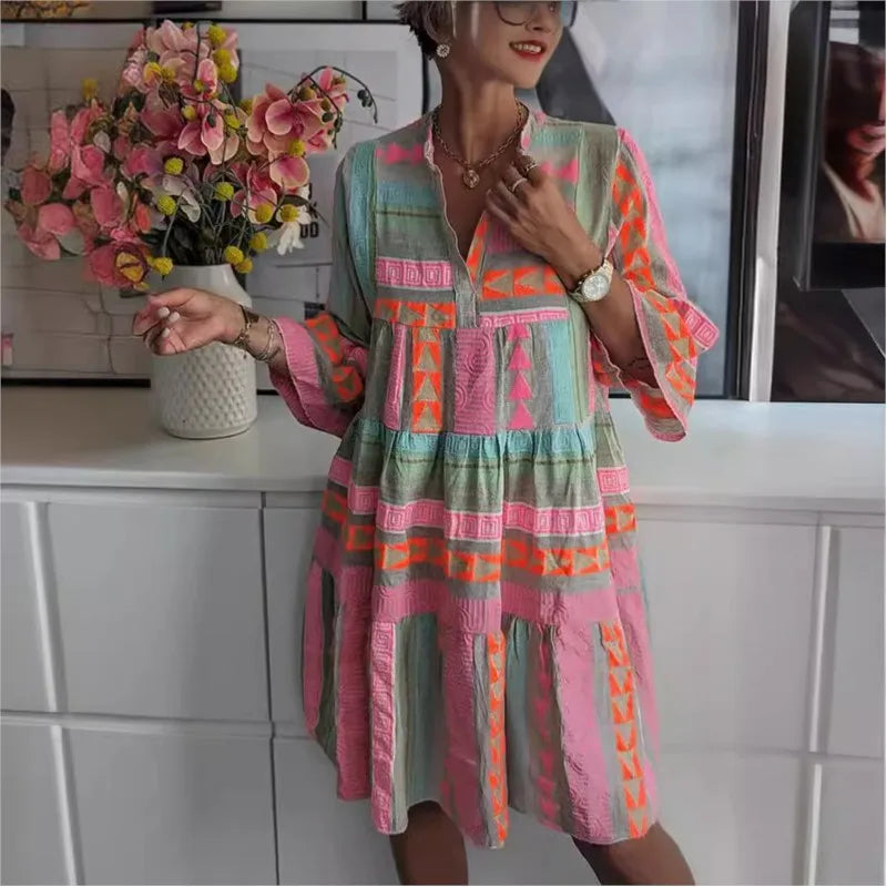 Women's Cotton and Linen Mini Dress Casual Loose Print V-neck Seven Quarter Sleeve Dresses For Women