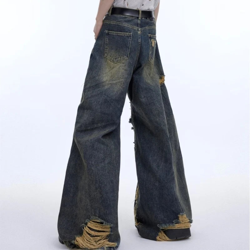 American Fashion Wornout Splicing Burr Edge Design Street Denim Pants Men 2026 New Trendy Personalized Original Male Jeans Y2K