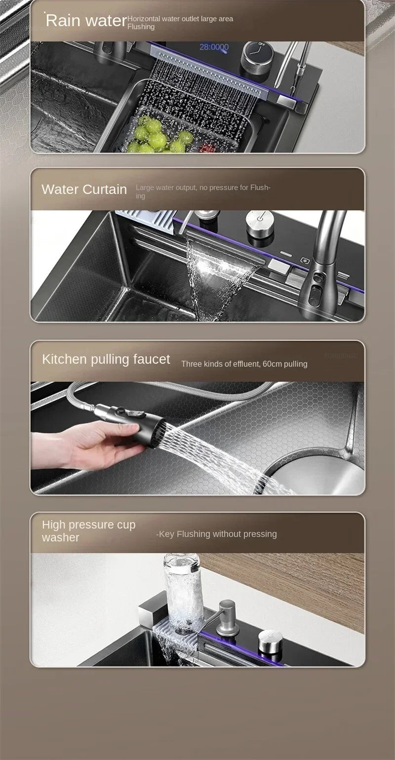 304 Stainless Steel Kitchen Sinks Large Single Bowl Nano Embossed Wash Basin Digital Display Modern Home Station