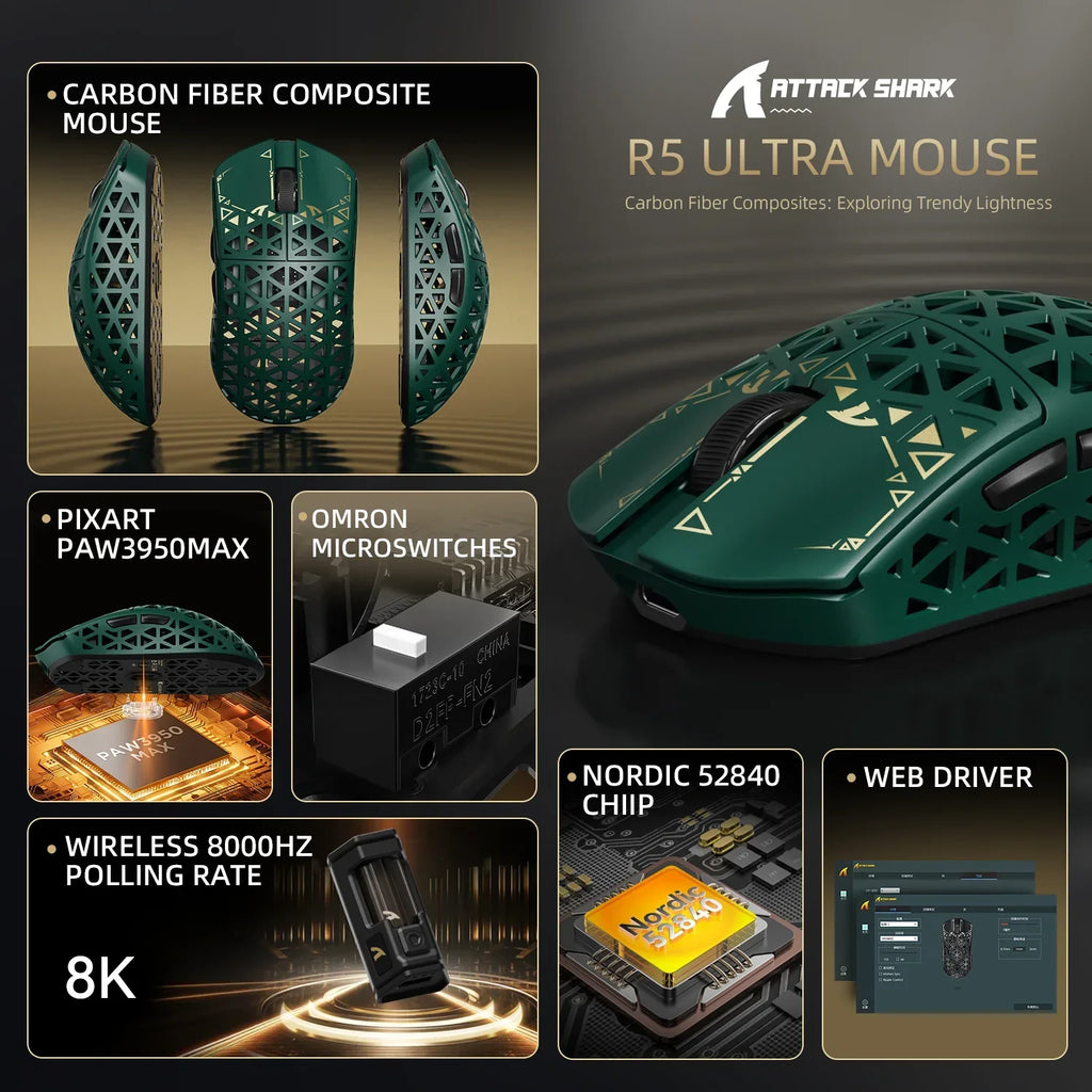 ATTACK SHARK R5 Ultra Carbon Fiber Wireless Gaming Mouse PixArt PAW3950MAX Gaming Sensor 42000DPI 8000Hz MCU Nordic 52840 For PC