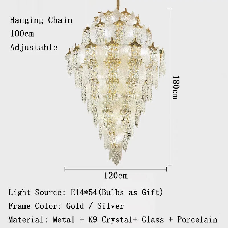 Luxury Porcelain Glass Leaves Chandelier Modern Crystal Hanging Lamps Home Decor Lighting Lustre Villa Living Room Pendant Light