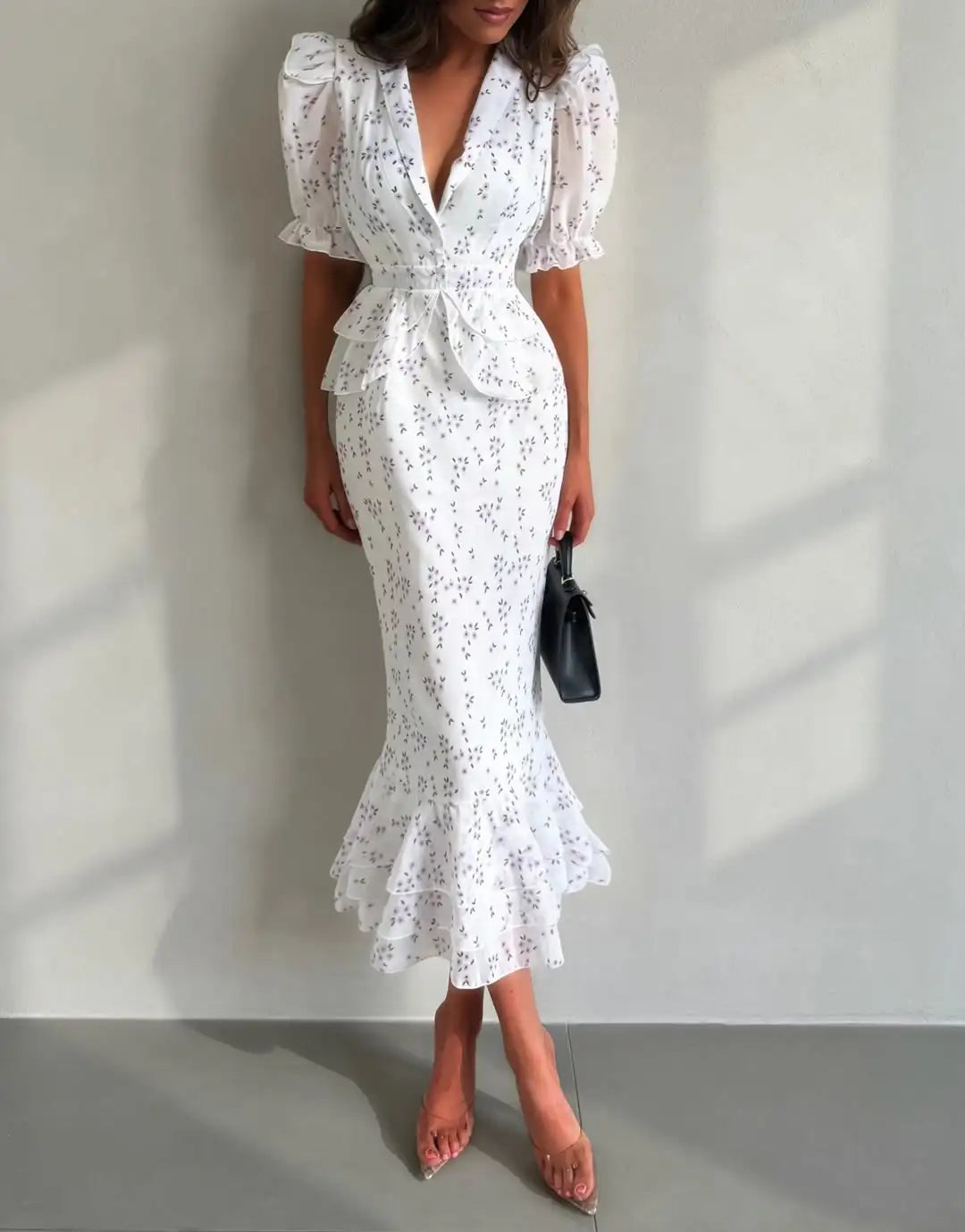 Organza Floral Printed Maxi Dress Women V Neck High Split Puff Sleeve Waist Cinching Ruffle Long Dresses Vacation Summer Outfits