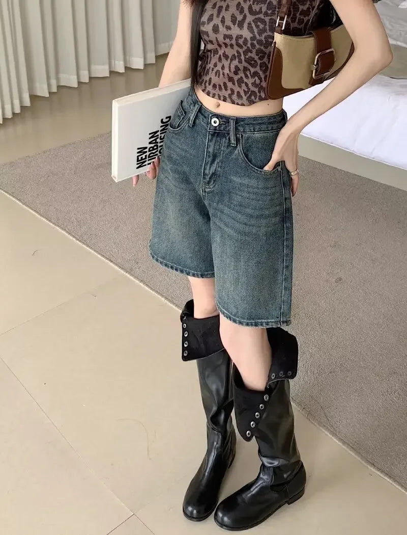Summer High Waist Retro Jean Shorts for Women Loose Straight Denim Fashion Versatile Leisure Shorts Women's 2026