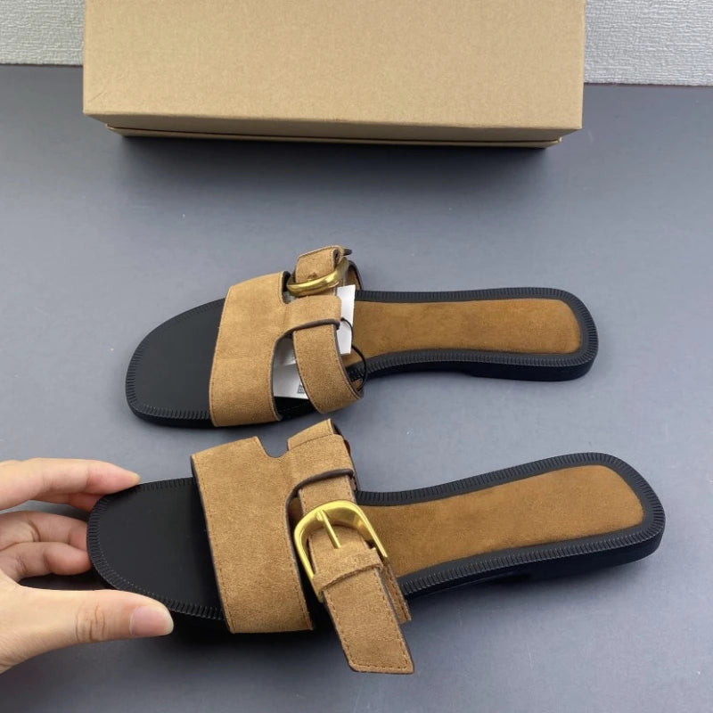 Women's Suede Flat Slide Sandals Buckle Open Toe Slip-On Slippers 2026 New Casual Summer Shoes Comfort Flat Beach Outdoor Wear