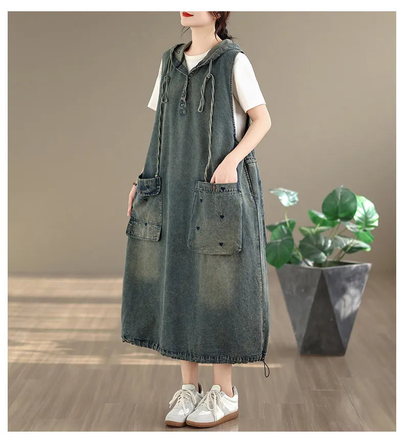 Original Denim Suspender Dres for Women Summer Fashion Vintage Big Pocket Mid-long Frocks Female Hip Hop Baggy Streetwear